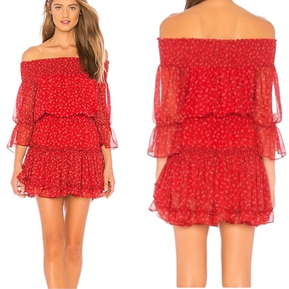 Misa Los Angeles Darla Red Floral Off Shoulder Tiered Ruffle Mini Dress L (JJ) - Picture 1 of 7